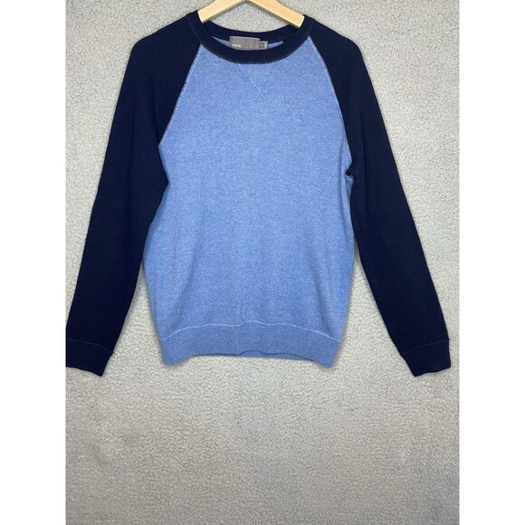 Vince Wool Preppy Cashmere Crew Neck Sweater Mens Size S Blue Black Raglan Elbow - Picture 1 of 9